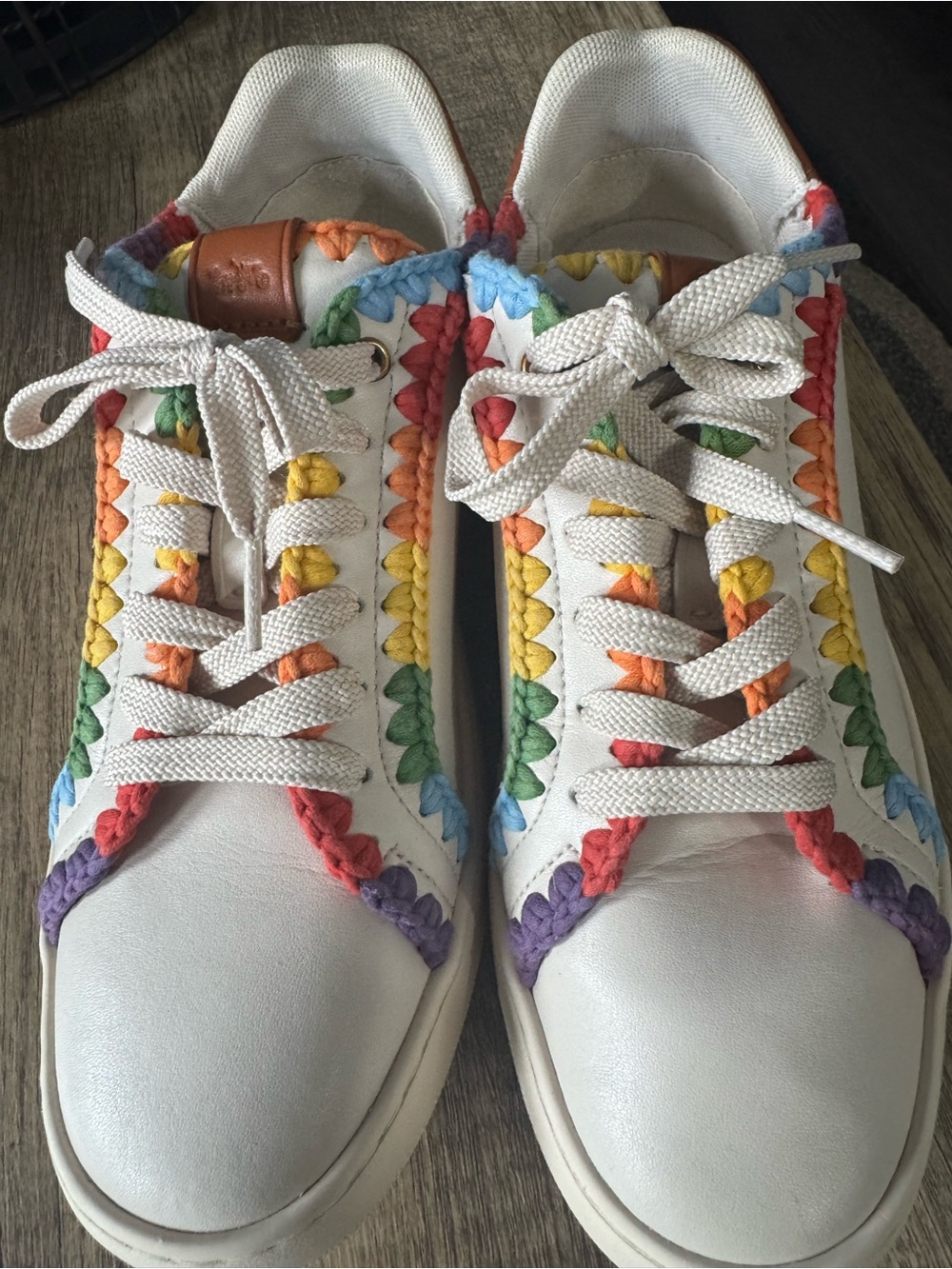 Coach White Sneakers with Rainbow Crochet Trim